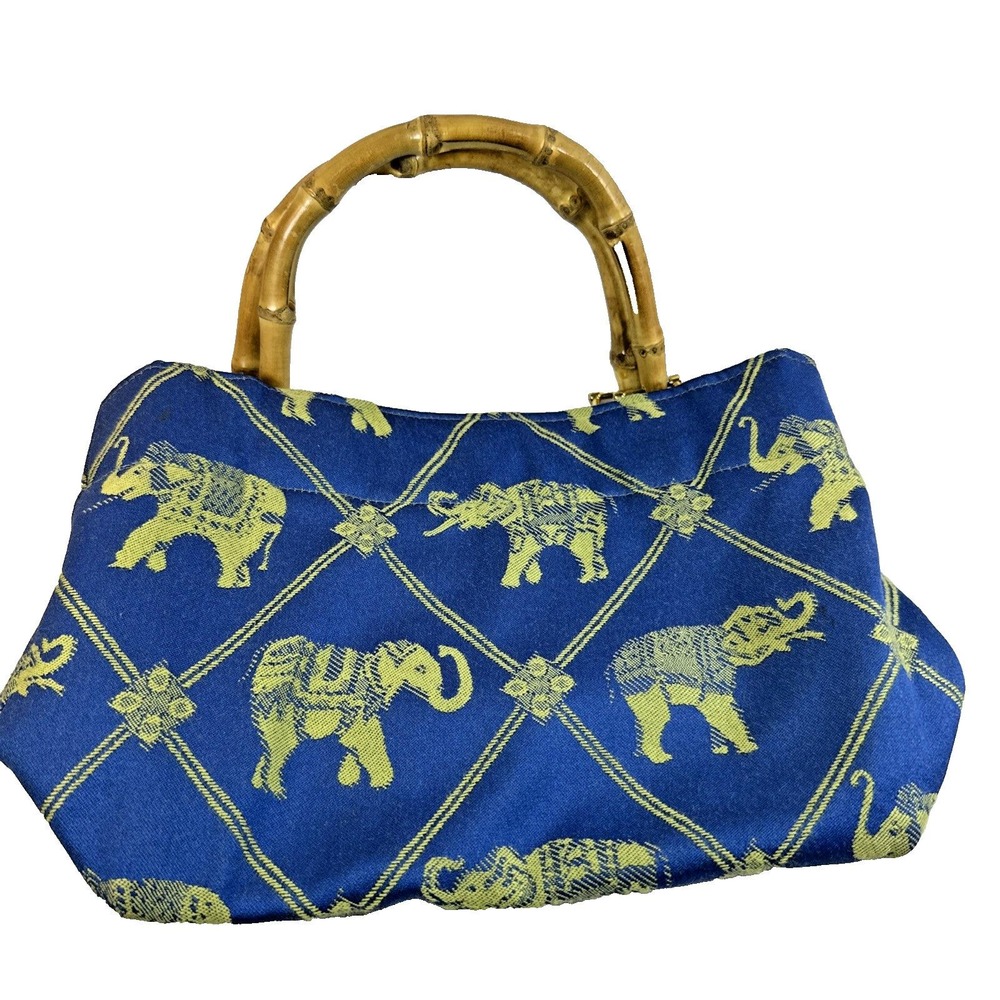 Vintage FRED Elephant Woven Jacquard Blue Mini Tote Bamboo Handle Purse⁠ NWOT